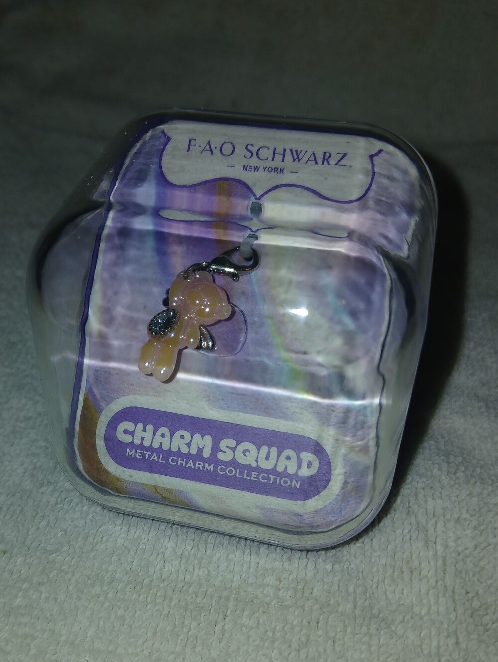 FAO SCHWARZ Charm Squad Pink Angel Bear Metal Charm with Gem and Silver Clasp